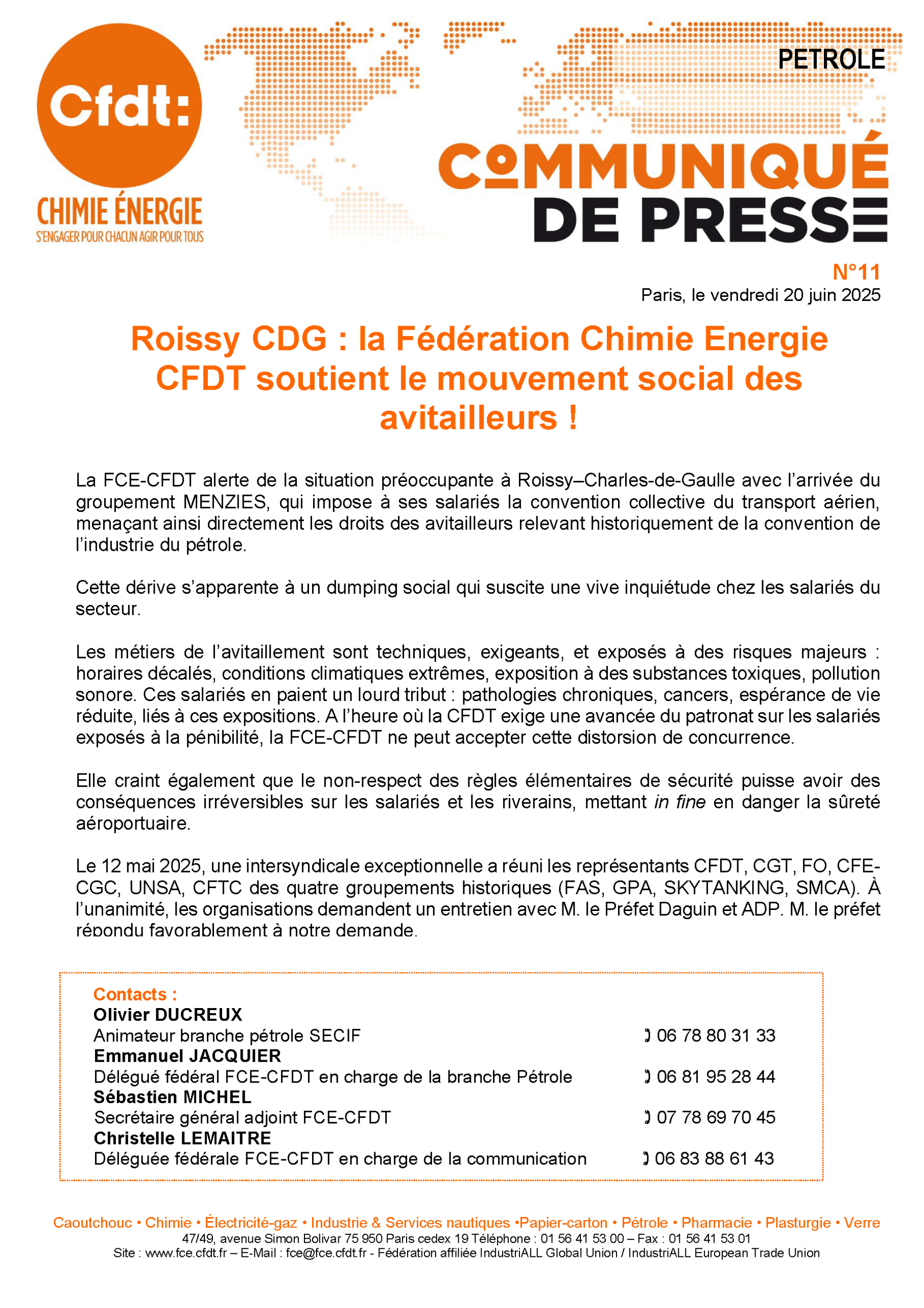 Roissy CDG : la Fédération Chimie Energie CFDT soutient le mouvement ...